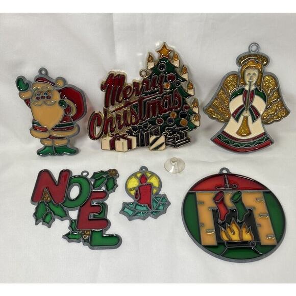 Vtg Holiday Christmas Suncatchers Lot Noel Candle Angel Tree Santa Fireplace - Picture 1 of 13
